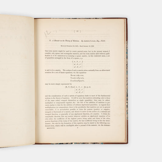 First edition of the first work on the theory of matrices, Memoire on the Theory of Matrices, published in 1858 by the founder of the field, Arthur Cayley.
