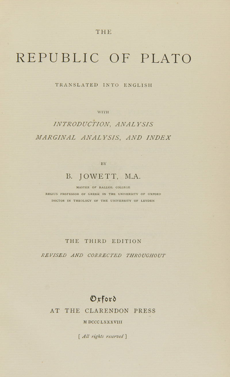 A handsome copy of the third edition of Jowett's translation of Plato's Republic with provenance for the artist Delmar Banner