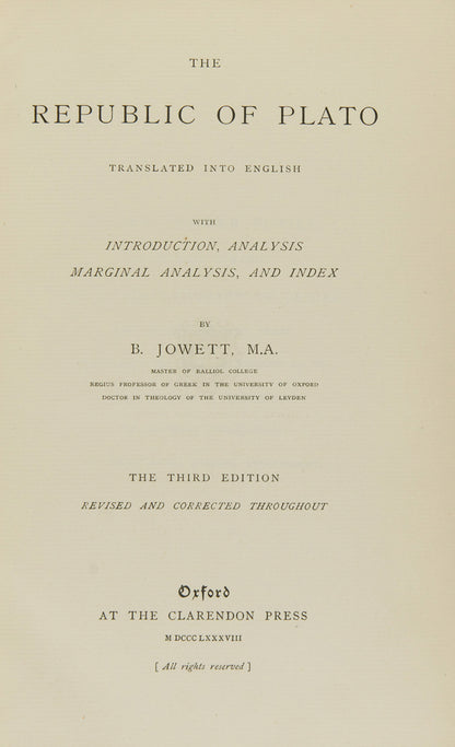 A handsome copy of the third edition of Jowett's translation of Plato's Republic with provenance for the artist Delmar Banner