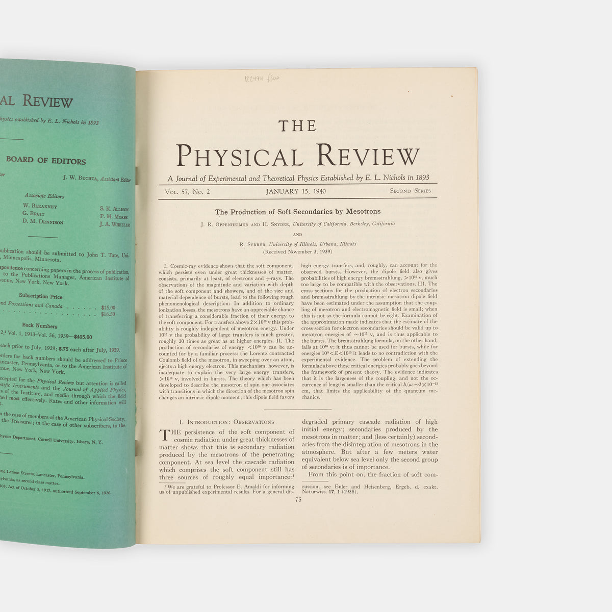 First edition of production of Soft Secondaries by Mesotrons by Robert Oppenheimer, a significant early work in particle physics and the path to the discovery of the pion and muon.