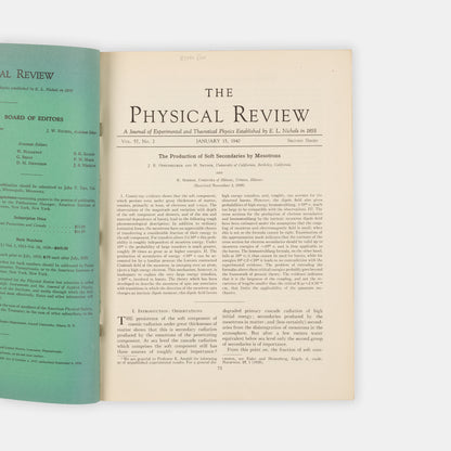 First edition of production of Soft Secondaries by Mesotrons by Robert Oppenheimer, a significant early work in particle physics and the path to the discovery of the pion and muon.