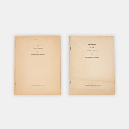 First edition, the complete set with both text and photo volumes, of this important, early scientific report on the atomic bombings of Hiroshima and Nagasaki by representatives f the Manhattan Project.