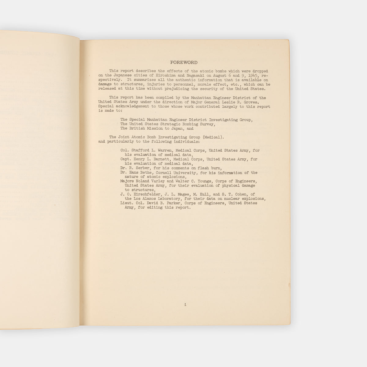 First edition, the complete set with both text and photo volumes, of this important, early scientific report on the atomic bombings of Hiroshima and Nagasaki by representatives f the Manhattan Project.