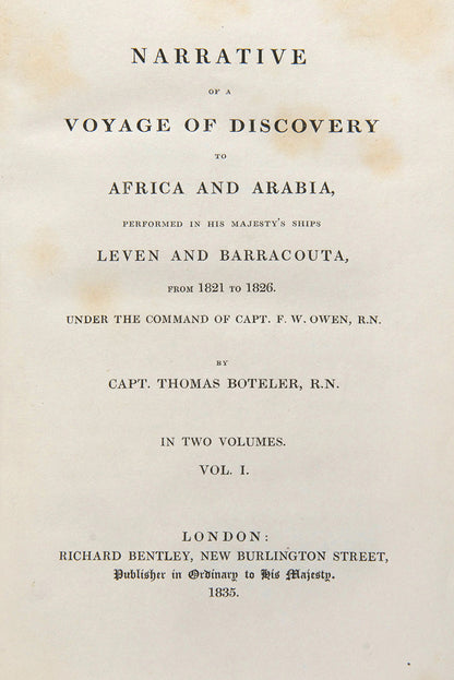 First edition of Narrative of a Voyage of Discovery to Africa and Arabia by Thomas Boteler, a scarce account of the voyage by Owen to Southern Arabia and East Africa.