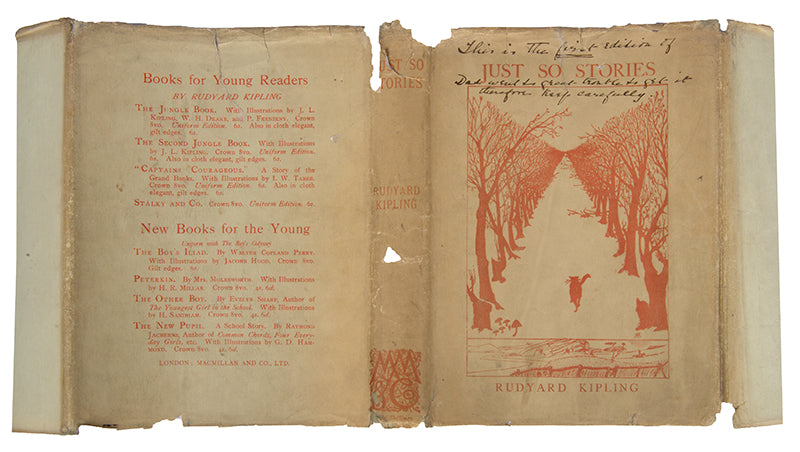 First edition of Just So Stories by Rudyard Kipling with the rare dust-jacket, Kipling's famous stories include: How the Whale Got His Throat, How the Camel Got His Hump