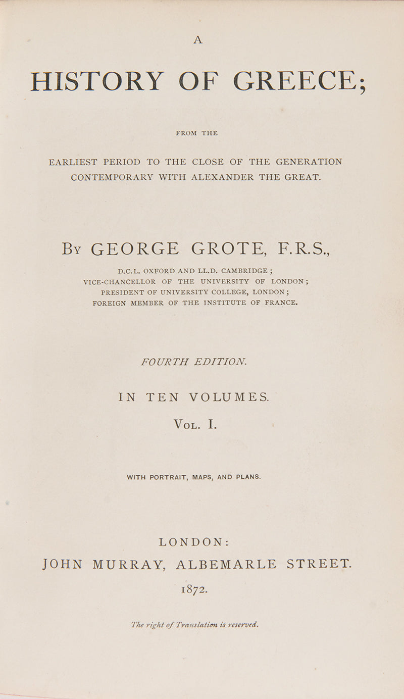 A wonderful set of books on the History of Greece by George Grote from 1872, chronicling the country's history from its ancient past to he days of Alexander the Great.