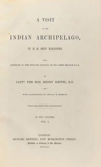 The author's copy, with his bookplate, of A Visit to the Indian Archipelago by Henry Keppel, an important explorer of Borneo, Philippenes and South China Sea.