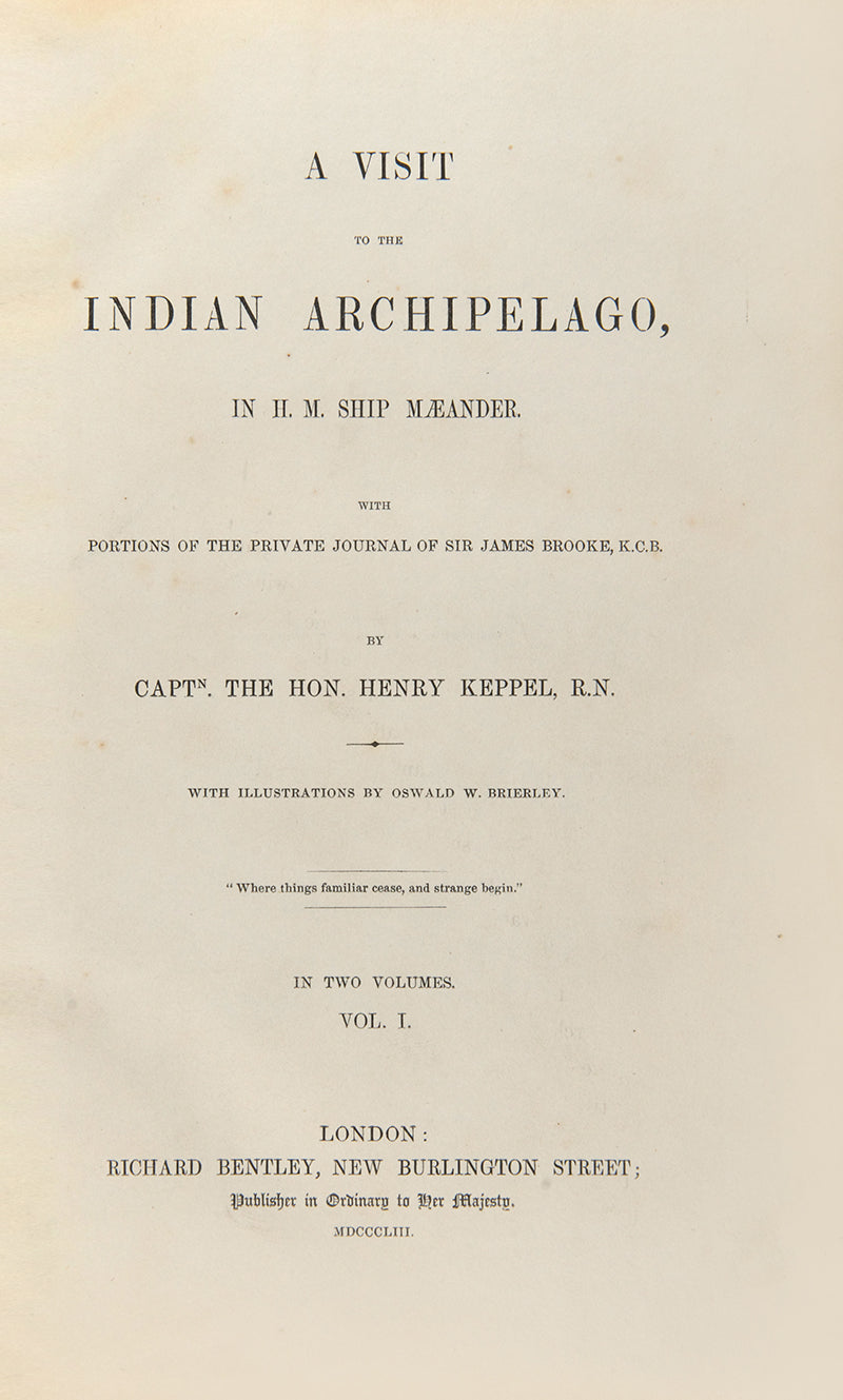 The author's copy, with his bookplate, of A Visit to the Indian Archipelago by Henry Keppel, an important explorer of Borneo, Philippenes and South China Sea.