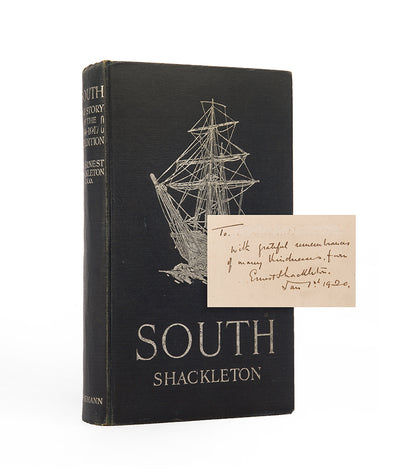Signed presentation copy of South by Sir Ernest Shackleton, one of the great, if not greatest, accounts of heroics and human endurance of an Antarctic expedition.