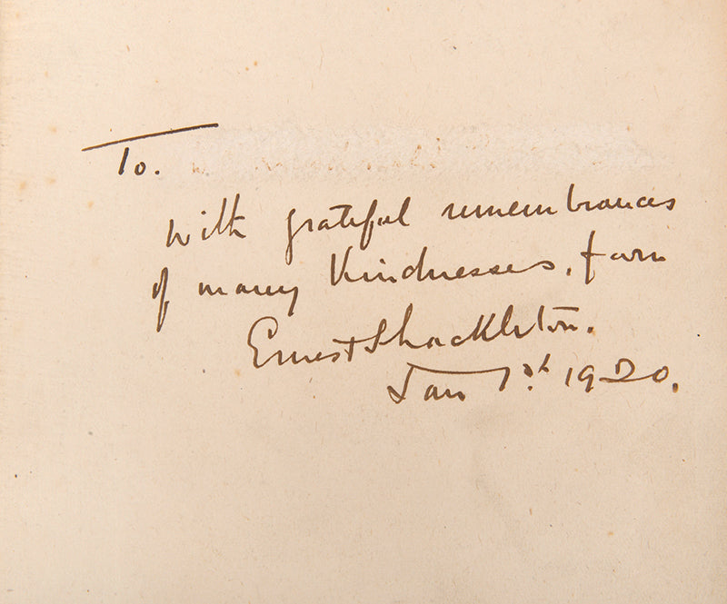 Signed presentation copy of South by Sir Ernest Shackleton, one of the great, if not greatest, accounts of heroics and human endurance of an Antarctic expedition.