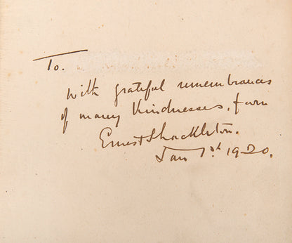 Signed presentation copy of South by Sir Ernest Shackleton, one of the great, if not greatest, accounts of heroics and human endurance of an Antarctic expedition.