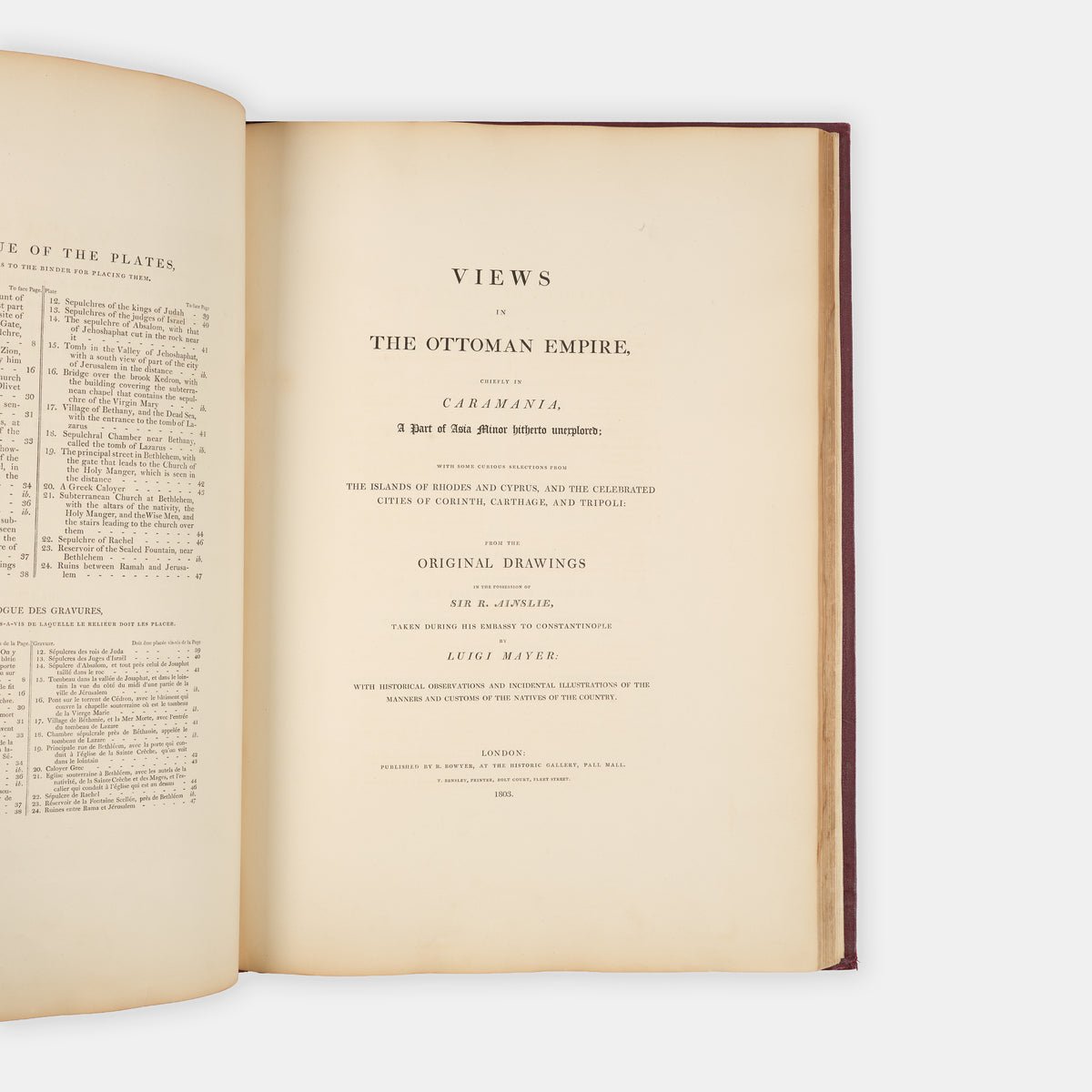 First editionso of Views in Palestine and Views in the Ottoman Empire by Luigi Mayer, often found together, with 48 impressive coloured plates showing the Holy Land and the Ottoman Empire.
