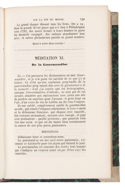 An attractive 8vo edition of Physiologie du Gout, Brillat-Savarin's most famous work, plates and illustrations, fine french style calf, spine gilt