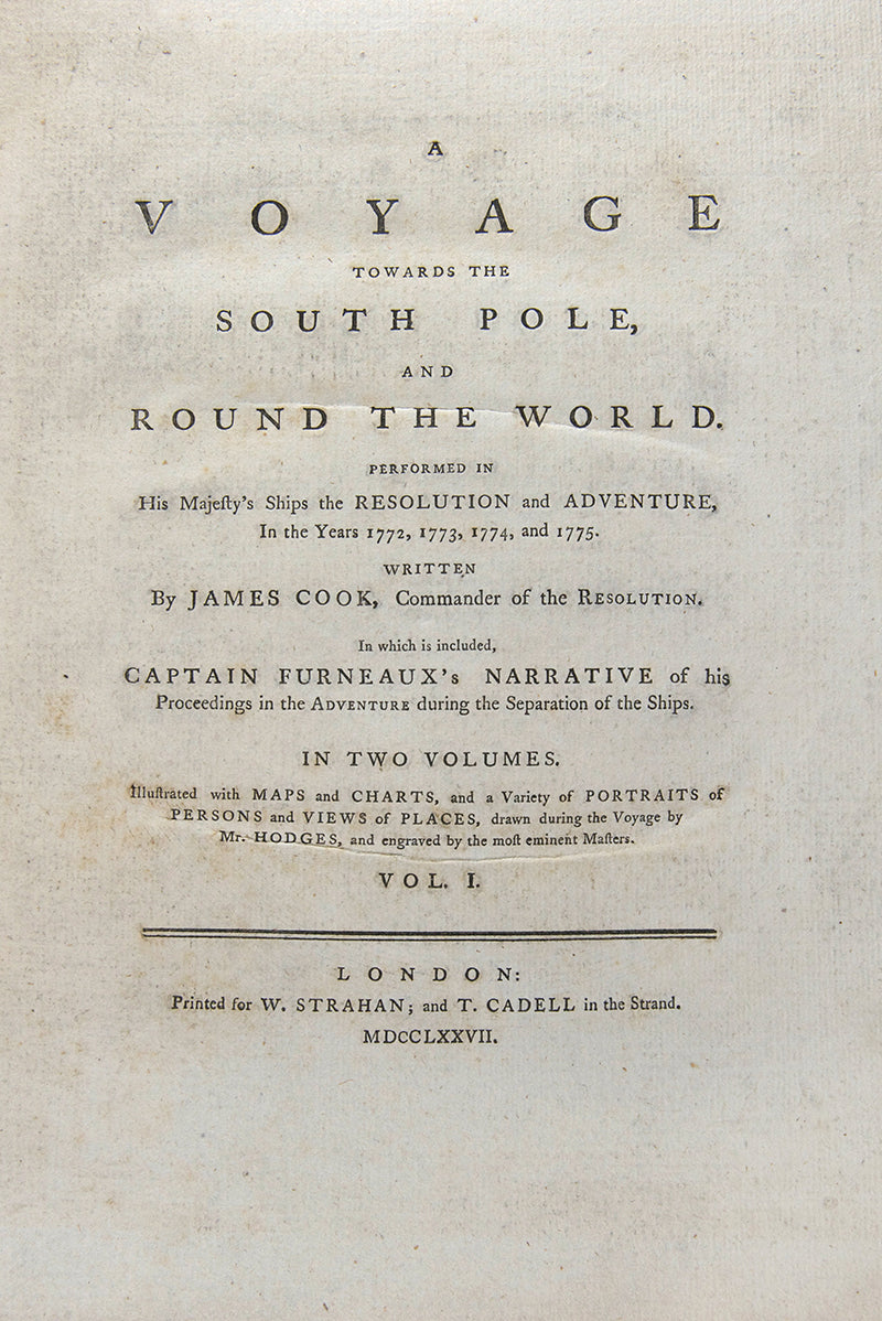 First edition of Cook's A Voyage towards the South Pole, the first to cross the Antarctic Circle, in the rare original boards and the maps and plates uncut.
