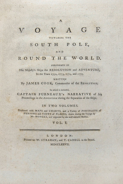 First edition of Cook's A Voyage towards the South Pole, the first to cross the Antarctic Circle, in the rare original boards and the maps and plates uncut.
