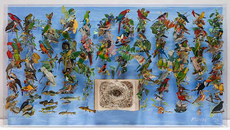 A cut book construction and collage by Jack Milroy titled The Monkey and the Nest, 2026. 