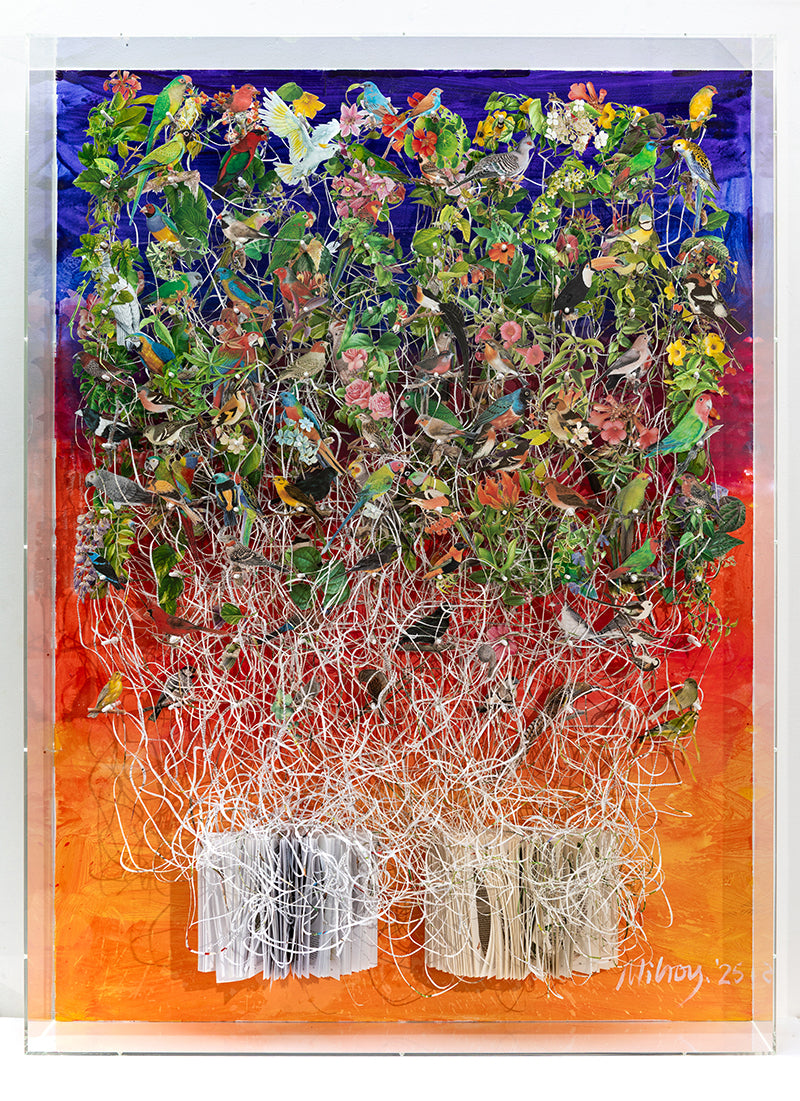 A cut book construction with acrylic paint on wood and peg supports in an acrylic case by Jack Milroy, titled Plantes Grimpante au Coucher.