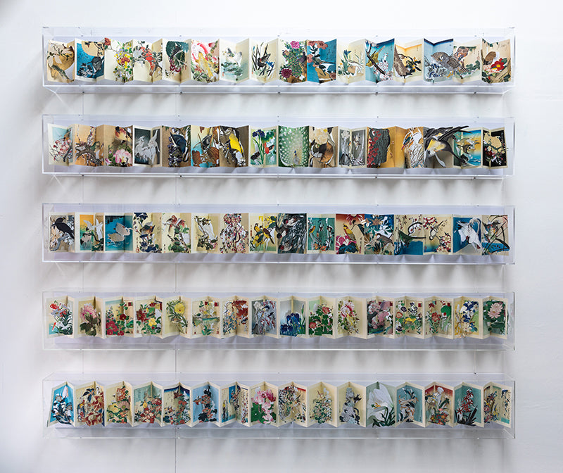 Five cut Japanese books in five acrylic cases by Jack Milroy, titled The Japanese Librarians Secret Garden.