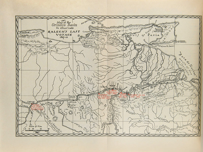 Beatifully printed Argonaut Press edition of Ralegh's Last Voyage, a collection of translations and reprinted tracts piecing together Sir Walter Raleigh's last voyage to Venezuela.