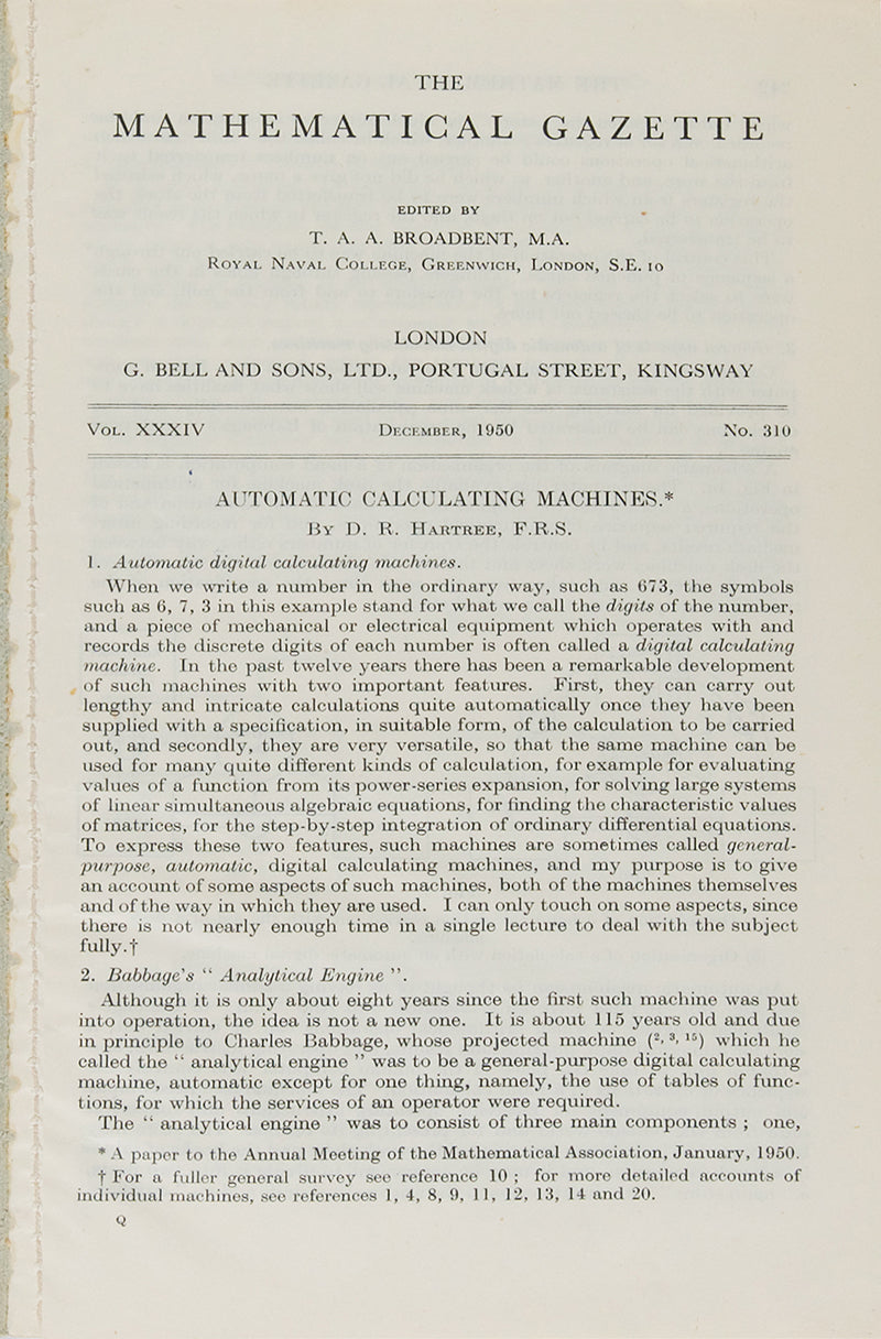 The uncommon offprint of Douglas Hartree's overview of the history and design of automatics calculating machines, including the  Analytical Engine, the Harvard Mark I, and EDSAC.