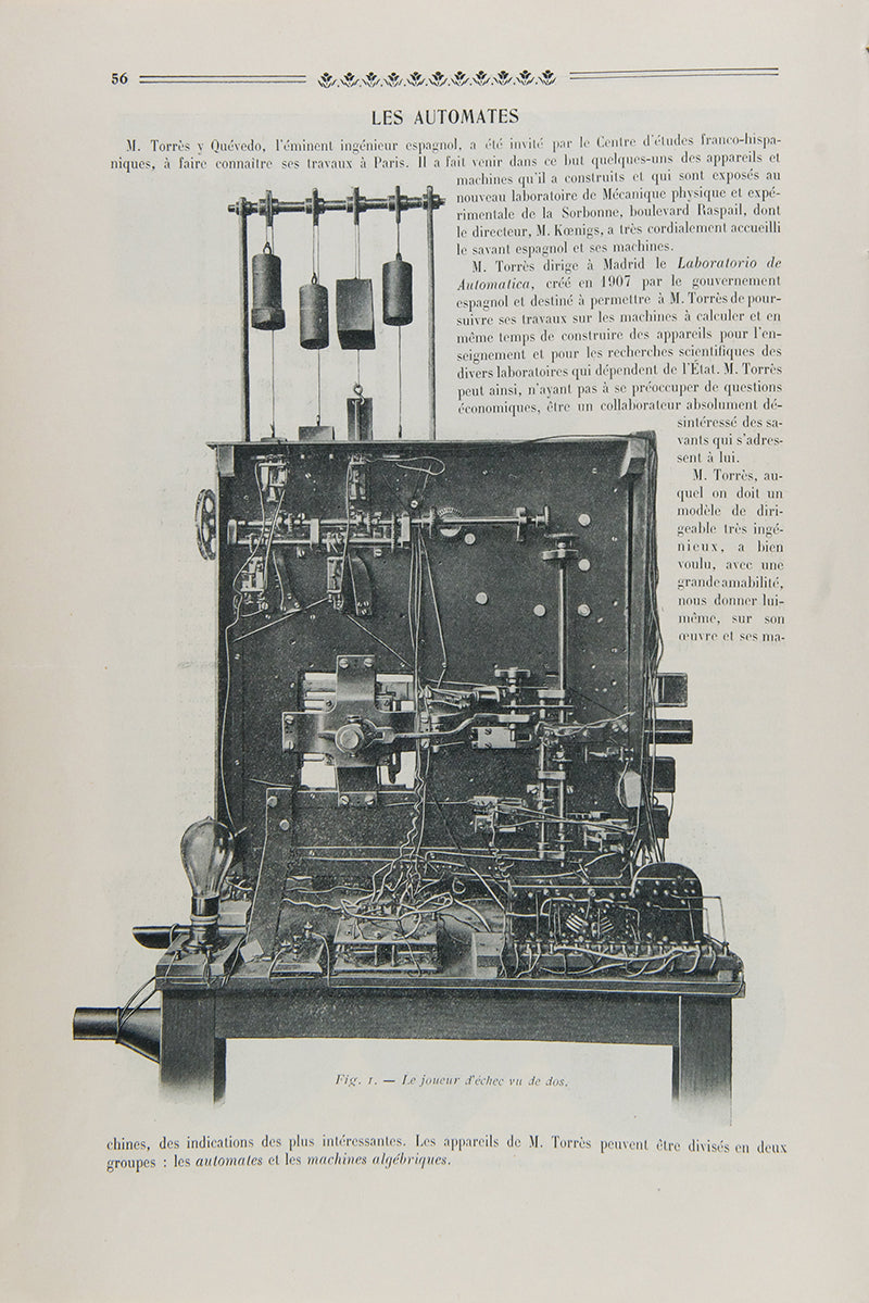 The rare first account of Leonardo Torres y Quevedo's automatic chess player (El Ajedrecista), published by Henri Vigneron in the French journal La Nature in 1914.