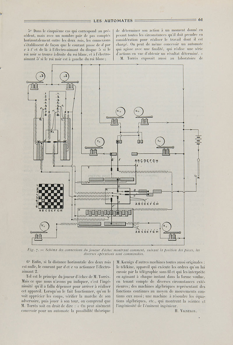 The rare first account of Leonardo Torres y Quevedo's automatic chess player (El Ajedrecista), published by Henri Vigneron in the French journal La Nature in 1914.