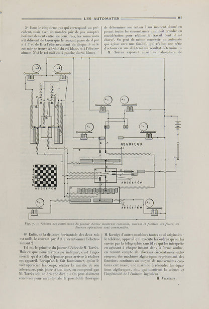 The rare first account of Leonardo Torres y Quevedo's automatic chess player (El Ajedrecista), published by Henri Vigneron in the French journal La Nature in 1914.