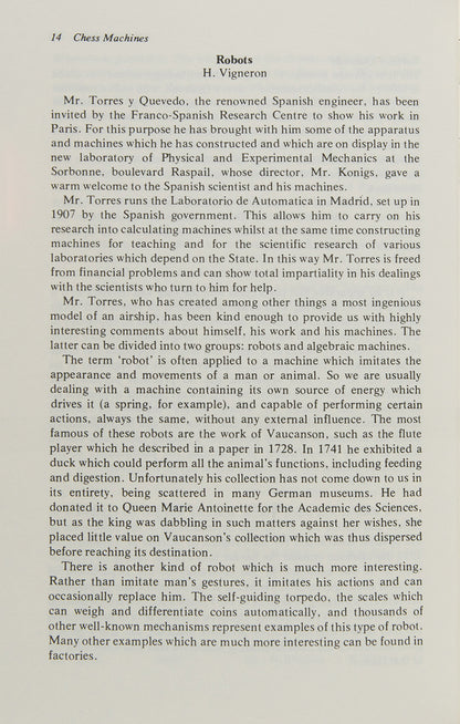 The rare first account of Leonardo Torres y Quevedo's automatic chess player (El Ajedrecista), published by Henri Vigneron in the French journal La Nature in 1914.