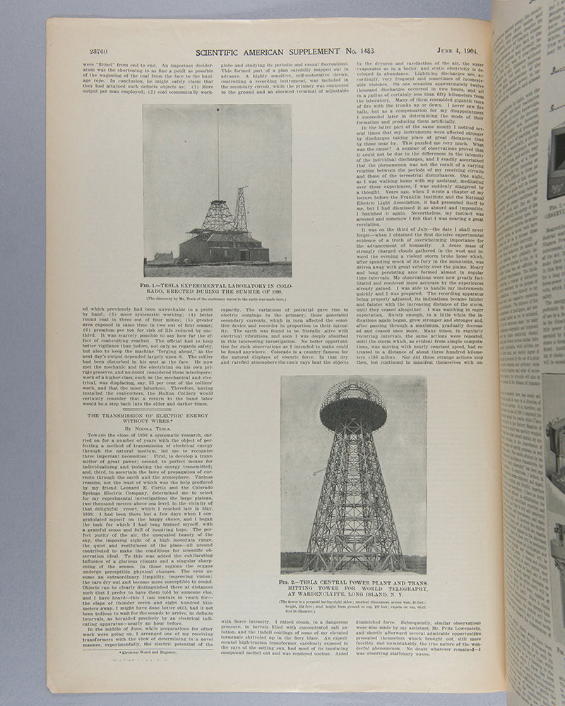 A fine and rare example of an early popular article by Nikola Tesla on the wireless transmission of electricity, published in Scientific American in 1904.