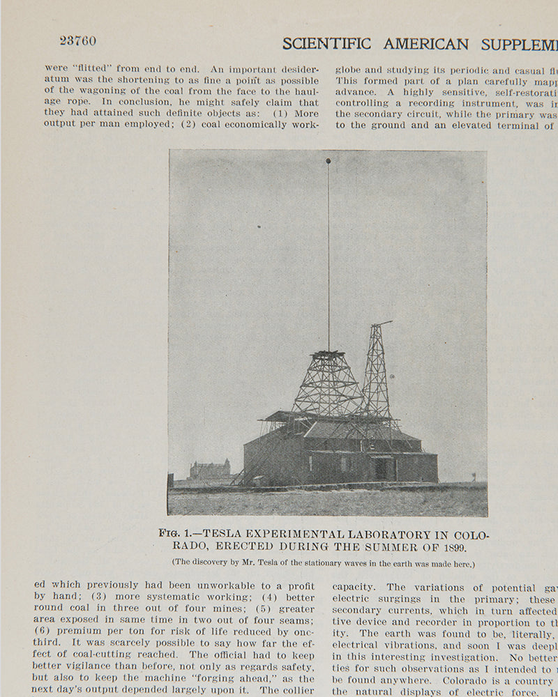A fine and rare example of an early popular article by Nikola Tesla on the wireless transmission of electricity, published in Scientific American in 1904.