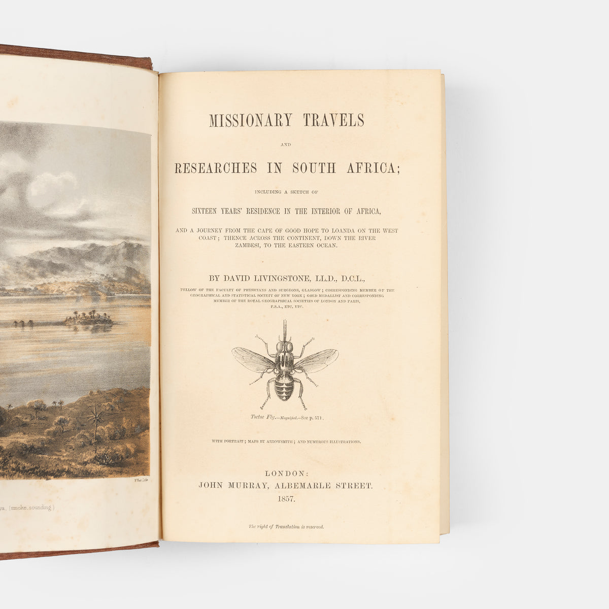 First edition of Missionary Travels and Researches in South Africa by David Livingstone, with the rare coloured frontispiece by West.