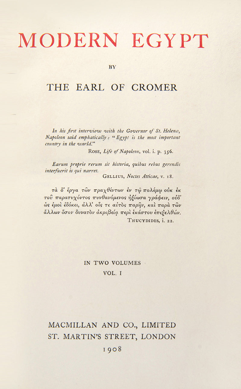 First edition of Earl of Cromer's Modern Egypt, this sweeping work og British and Egypt relations from 1876 to 1907.