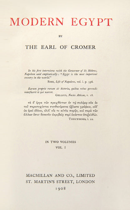 First edition of Earl of Cromer's Modern Egypt, this sweeping work og British and Egypt relations from 1876 to 1907.