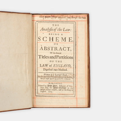The first edition of Sir Matthew Hale's posthumously published Analysis of the Law, with extensive manuscript annotations by the barrister Maurice Johnson