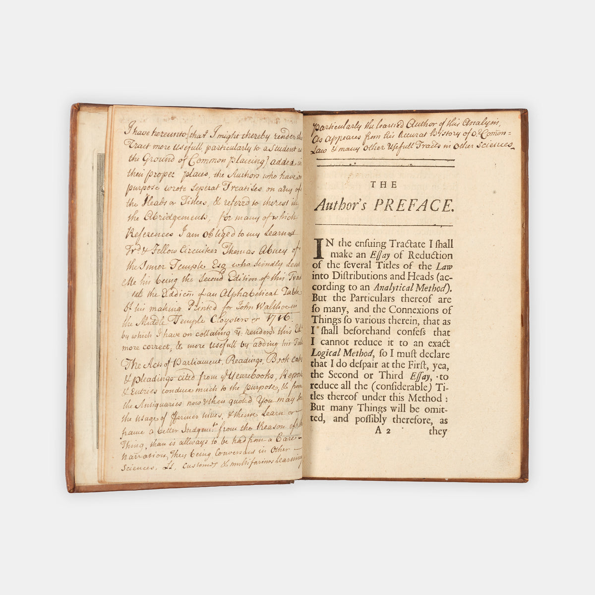 The first edition of Sir Matthew Hale's posthumously published Analysis of the Law, with extensive manuscript annotations by the barrister Maurice Johnson