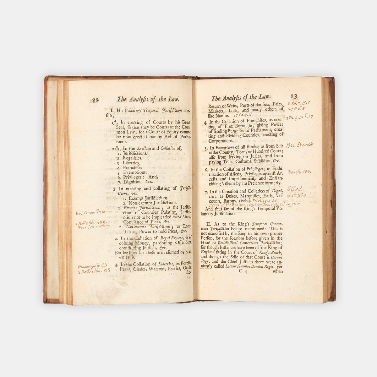 The first edition of Sir Matthew Hale's posthumously published Analysis of the Law, with extensive manuscript annotations by the barrister Maurice Johnson
