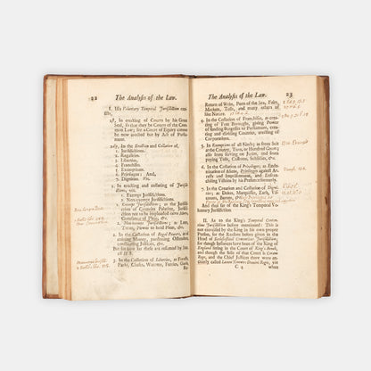 The first edition of Sir Matthew Hale's posthumously published Analysis of the Law, with extensive manuscript annotations by the barrister Maurice Johnson