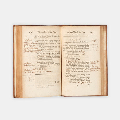 The first edition of Sir Matthew Hale's posthumously published Analysis of the Law, with extensive manuscript annotations by the barrister Maurice Johnson