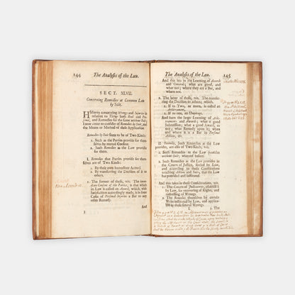 The first edition of Sir Matthew Hale's posthumously published Analysis of the Law, with extensive manuscript annotations by the barrister Maurice Johnson