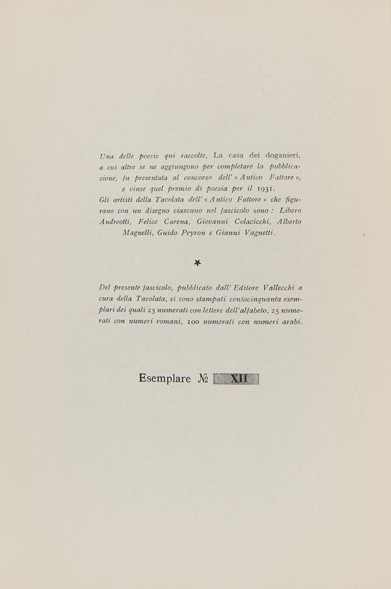 First edition of La Casa dei Doganieri by Eugenio Montale, inscribed by the author and signed by the contributing artists.