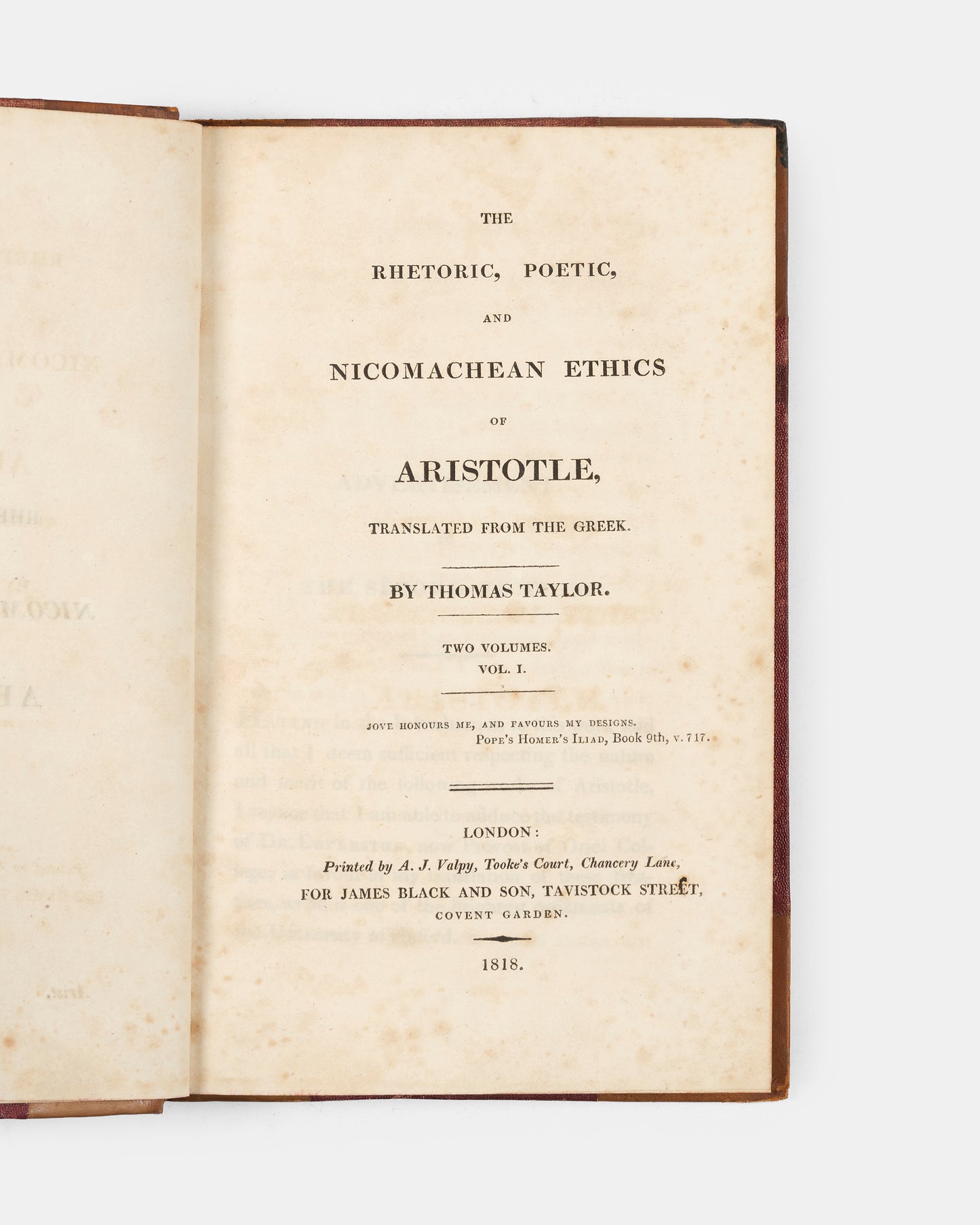An early edition of Thomas Taylor's English language translation of The Rhetoric, Poetic and Nicomachean Ethics of Aristotle