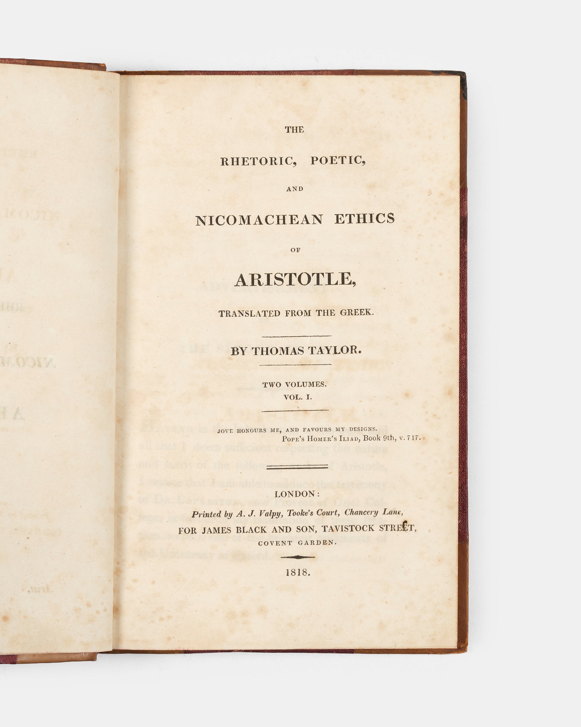 An early edition of Thomas Taylor's English language translation of The Rhetoric, Poetic and Nicomachean Ethics of Aristotle