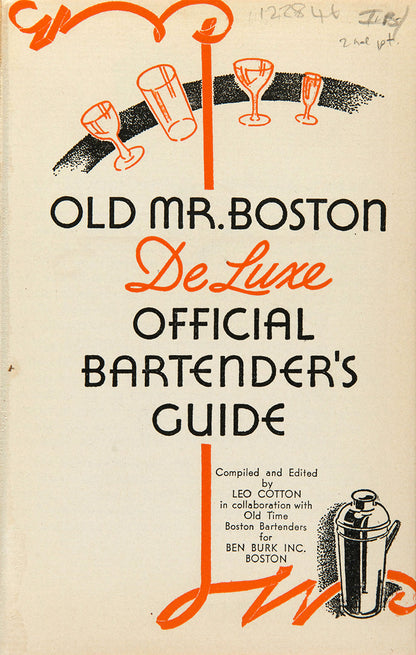 A handsome copy of Old Mr Boston from 1935 with orange art deco page illustrations and colourful inner leaves of acoholic products. 