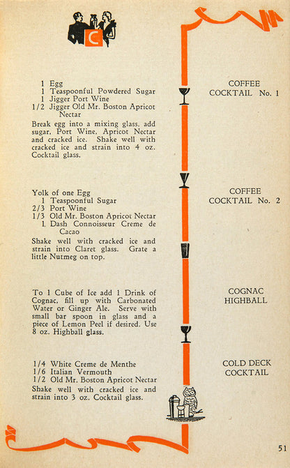 A handsome copy of Old Mr Boston from 1935 with orange art deco page illustrations and colourful inner leaves of acoholic products. 
