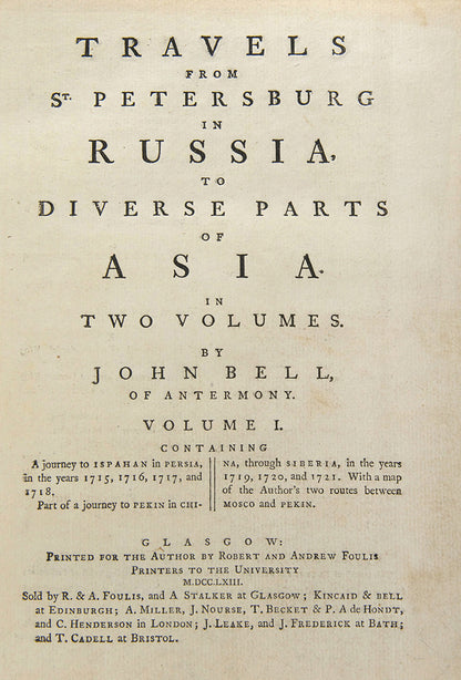 First edition of Travels from St. Petersburg in Russia by John Bell, with the engraved map showing Peking, handsome contemporary speckled calf.