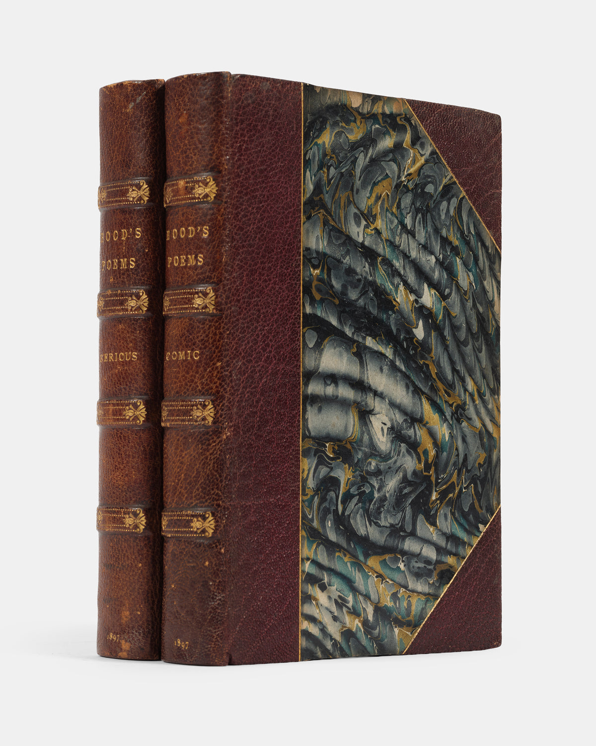 Both volumes of Thomas Hood's Serious and Comic Poems bound in half brown morocco in 1897.