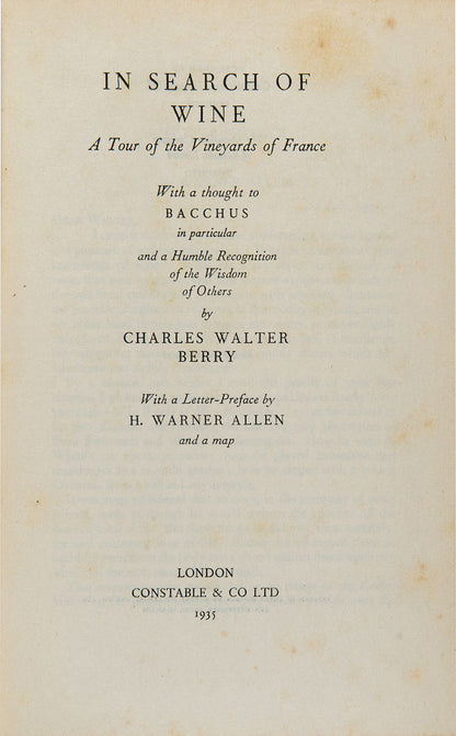 the memoir of Charles Berry's 1935 vineyard tour of France, containing a pull-out map of the regions at the rear. 