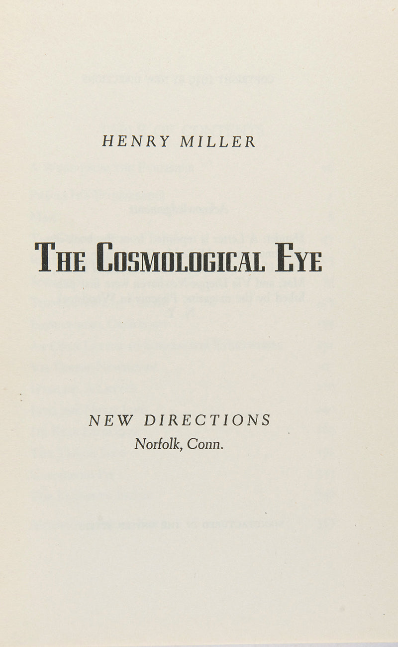 First edition of The Cosmological Eye by Henry Miller in second state binding and dustjacket.