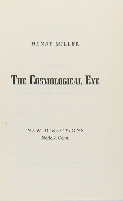 First edition of The Cosmological Eye by Henry Miller in second state binding and dustjacket.