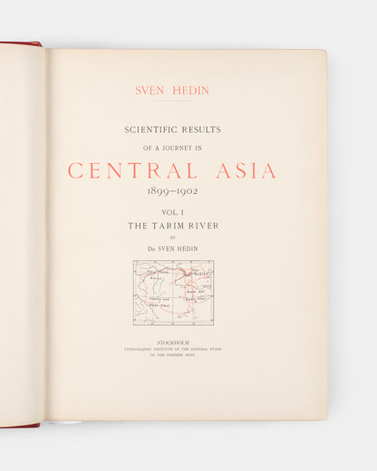 First edition of Sven Hedin's Scientific Results of a Journey in Central Asia 1899-1902, the presentation copy to the Foreign Minister of Sweden Alfred Lagerheim (1843-1924) inscribed to him by Sven Hedin.